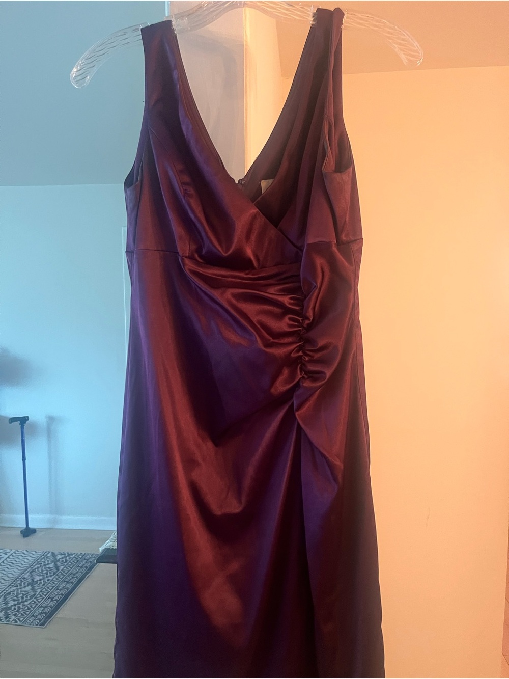 Betsy & Adam Deep Plum Satin V-Neck Evening Dress